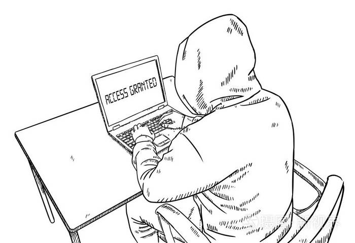 素描风格的黑客坐在他的办公桌前和黑客侵入系统