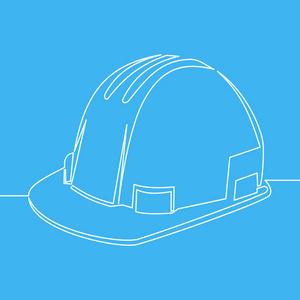 建筑安全头盔线风格图标矢量插图在蓝色背景下隔离