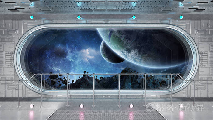 白色技术宇宙飞船圆形窗口内部与看法在遥远的行星系统3d 渲染元素的