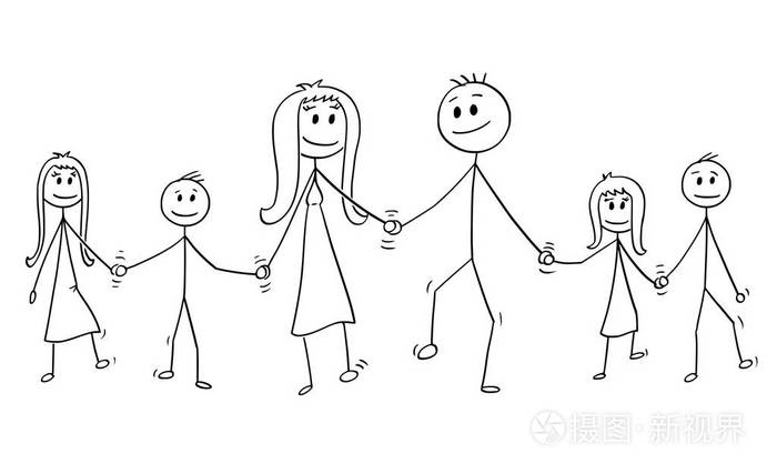 卡通的大家庭男人和女人两个男孩和两个女孩牵手走路