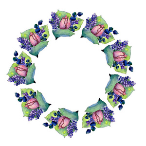 水彩五颜六色的花束混合花。花卉植物花卉。框架边框装饰方形