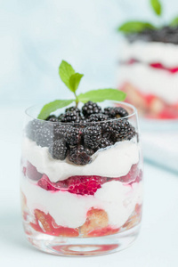新鲜健康的多层甜点与覆盆子和黑莓在柔和的蓝色背景。有机甜食品与乳制品和森林果子特写摄影