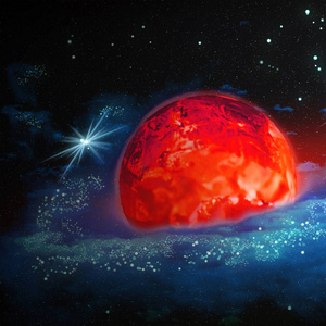 红色热的行星在太空中移动在星之间, 抽象例证