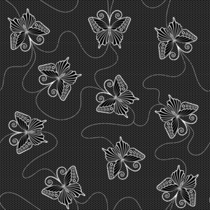 白色花边无缝模式与黑色背景上的蝴蝶