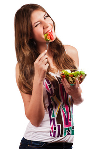 diet.beautiful 年轻女人吃蔬菜沙拉.dieting concept.healthy 食品