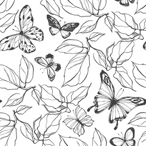 白色背景蝴蝶和树叶的无缝矢量图案
