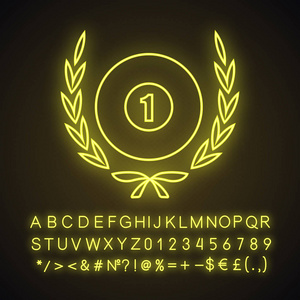 台球锦标赛符号霓虹灯图标。台球球在月桂花环。带有字母数字和符号的发光符号。矢量隔离插图