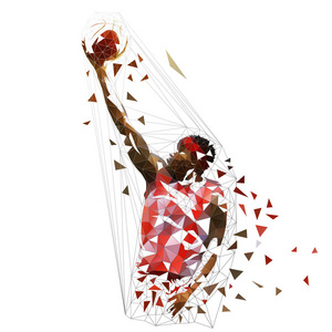 篮球运动员射击球, 低聚矢量插图。手指辊射击