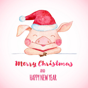 新年贺卡与可爱的猪在圣诞老人的帽子。2019中国新年的猪。水彩插图