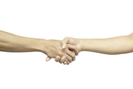 男人和女人握手, 在白色背景下隔离