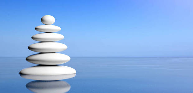 水疗理念。禅石堆在水面上, 蓝天背景。3d 插图