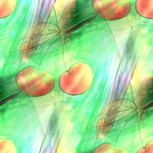 艺术淡淡的樱桃，绿色背景纹理水彩无缝