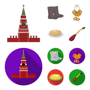 毛毡, 靴子, 烘干, 姜饼。俄罗斯国家集合图标在卡通, 平面式矢量符号股票插画网站