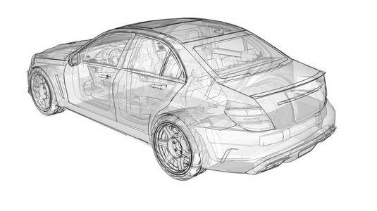 透明超快跑车在白色背景上划定线条。车身形状轿车。调整是一个普通的家庭汽车的版本。3d 渲染