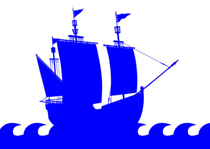 在海上的老式帆船白色背景