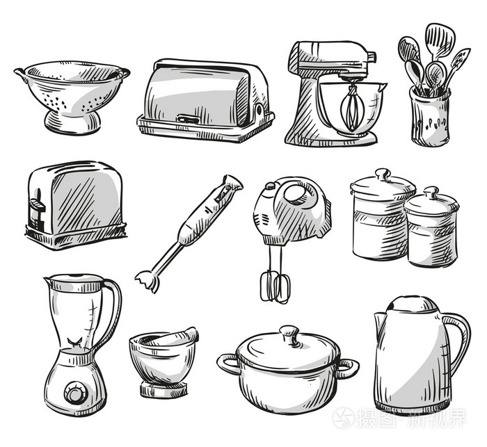 组的厨房电器.家用器皿.手绘.矢量 illustraton