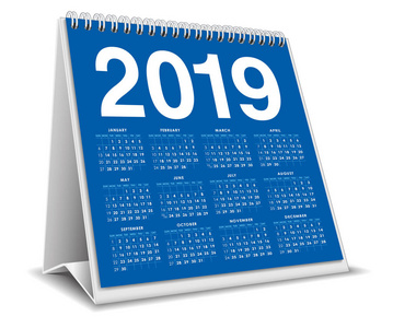 在白色背景下以蓝色为颜色的日历桌面2019