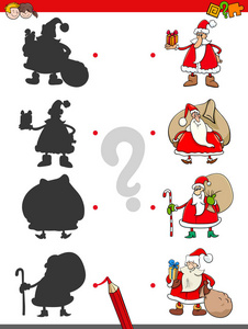 为有圣诞老人角色的孩子们制作的匹配阴影教育游戏的卡通插图