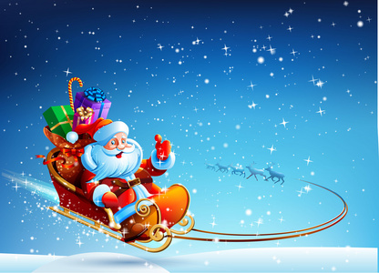 圣诞老人在飞的驯鹿拉的雪橇上图片