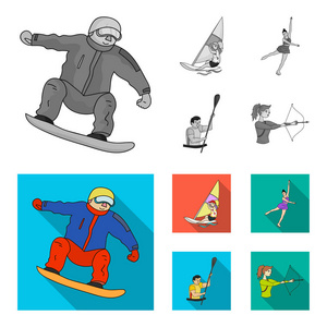 滑雪板, 航海冲浪, 花样滑冰, 皮划艇。奥林匹克体育集合图标单色, 平面矢量符号股票插画网站