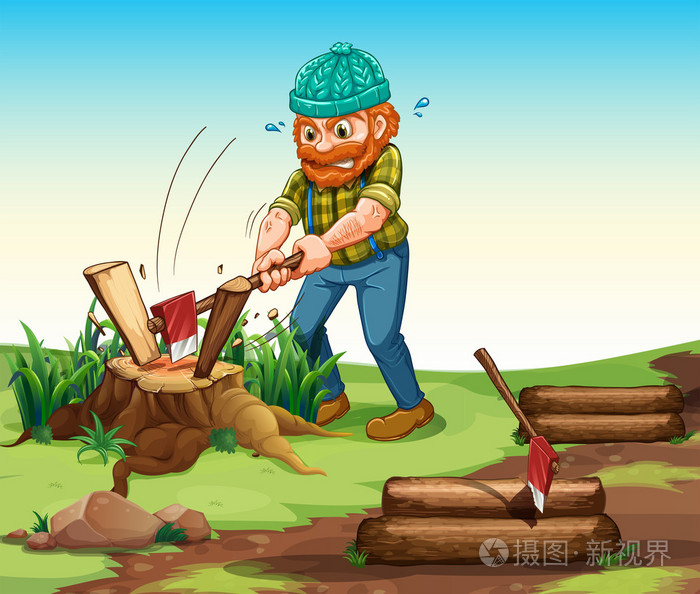 一名伐木工人砍树林