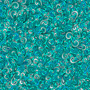 矢量抽象手绘多叶涂鸦无缝图案。纠结设计背景插图在蓝绿色和蓝色