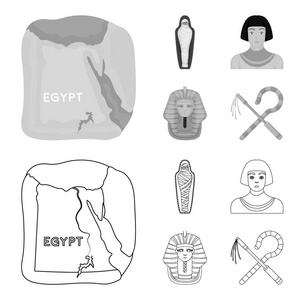 和连枷, 金色面具, 埃及人, 木乃伊在坟墓里。古埃及集合图标的轮廓, 单色风格矢量符号股票插画网站