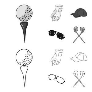 用球红帽太阳镜和两个俱乐部打高尔夫球的手套。高尔夫俱乐部集合图标的轮廓, 单色风格矢量符号股票插画网站