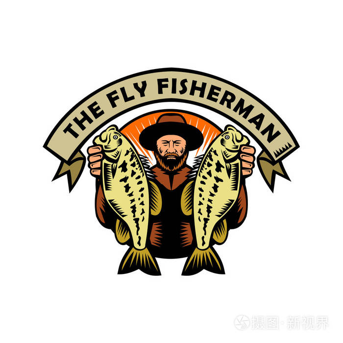 吉祥物图标插图一只苍蝇渔夫戴着一顶帽子拿起两个大