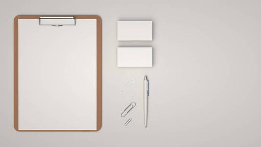 剪贴板用白纸名片回形针和自动圆珠笔在白色背景上。品牌模型。3d 渲染插图