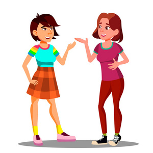 两个年轻女孩积极讨论手势向量。孤立插图