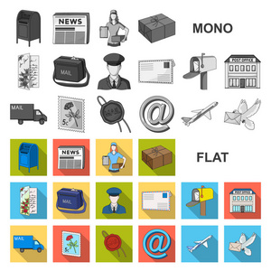 邮件和邮递员平面图标集的设计。邮件和设备矢量符号股票网站插图