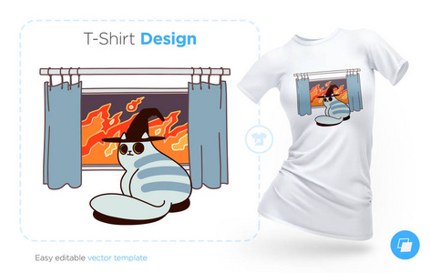 的猫坐在火背景 t恤设计。打印衣服海报或纪念品。向量例证