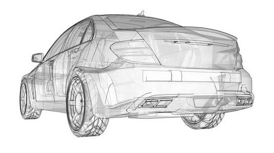 透明超快跑车在白色背景上划定线条。车身形状轿车。调整是一个普通的家庭汽车的版本。3d 渲染