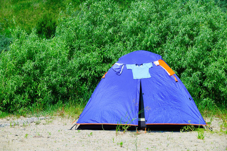 海滩上的旅游蓝帐篷树