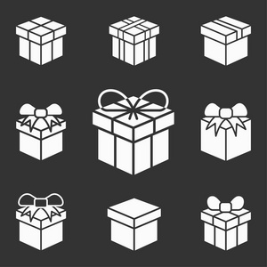 礼品盒惊喜图标。礼物, 包裹, 包裹, 折扣, 交付, 生日, 奖标志的集合