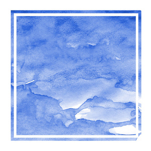 蓝色手画水彩矩形框架背景纹理与污渍。现代设计元素