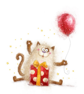 可爱的猫咪。生日请柬。生日。礼品和气球的猫。手画的猫离体在白色背景上。生日贺卡