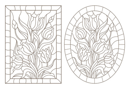 一组画有郁金香的彩色玻璃窗的轮廓图, 白色背景上的深色轮廓, 椭圆形和长方形图像