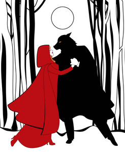 小红帽和狼在森林里跳舞在满月的光线下