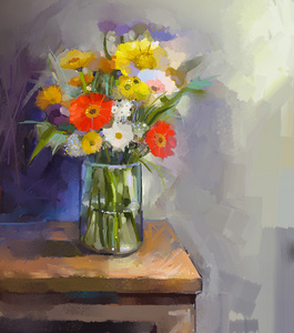 玻璃花瓶与非洲菊鲜花。油画