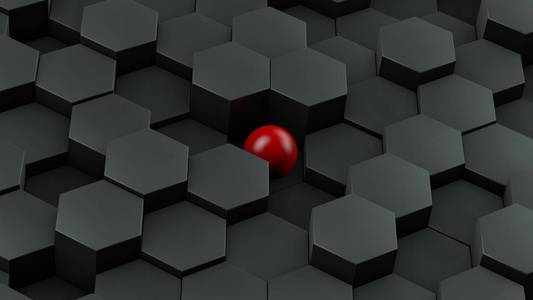 抽象例证不同大小的黑色六边形和红色球说谎在中心。唯一性的概念。3d 渲染
