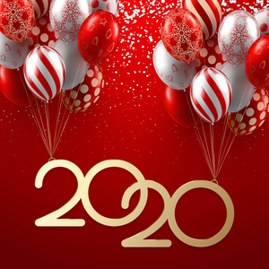 红色圣诞节和新年2020卡与闪亮的气球和 con