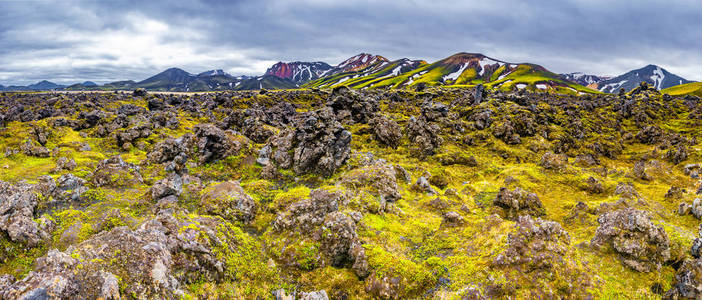 美丽多彩的火山山 Landmannalaugar 在冰岛, 夏季时间, 全景