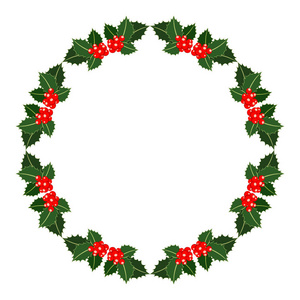 矢量圣诞圆形框架与红色浆果和绿叶。圣诞花环, 带文字的地方