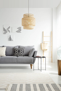 灰色的沙发与垫子在白色宽敞的客厅内部与灯和海报。真实照片