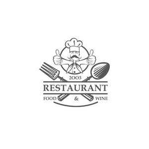 黑餐馆标签与厨师, 横渡的勺子和叉子在白色背景被隔绝了