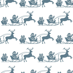 圣诞节和新年快乐2019无缝模式。矢量插图圣诞老人与礼物在雪橇与驯鹿。打印设计