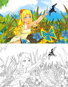 卡通场景与美丽的小精灵女孩在草地上看着飞行蝴蝶与着色页创造性的插图为孩子