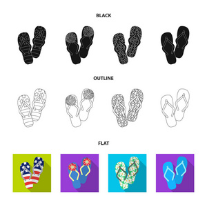 触发器黑色, 平面, 轮廓图标在集集合为设计。沙滩鞋矢量符号股票 web 插图